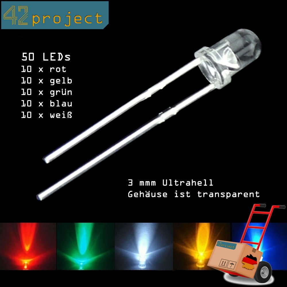 25x LED Leuchtdioden Sortiment 3mm 5 Stück je Farbe gelb blau grün rot weiß set 